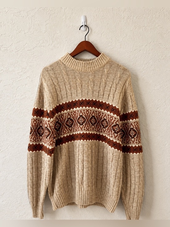 Jantzen Other - Jantzen Vintage Fair Isle Cable Knit Sweater USA Made Beige Brown Mens XL